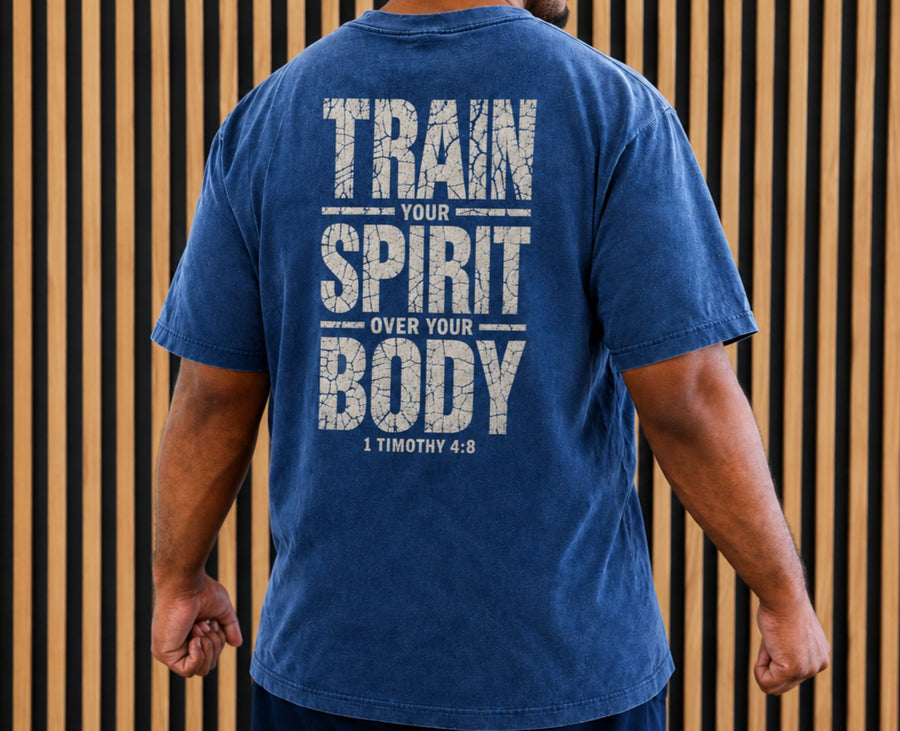 Train Your Spirit oversized T-shirt in Lake Blue, back print on model