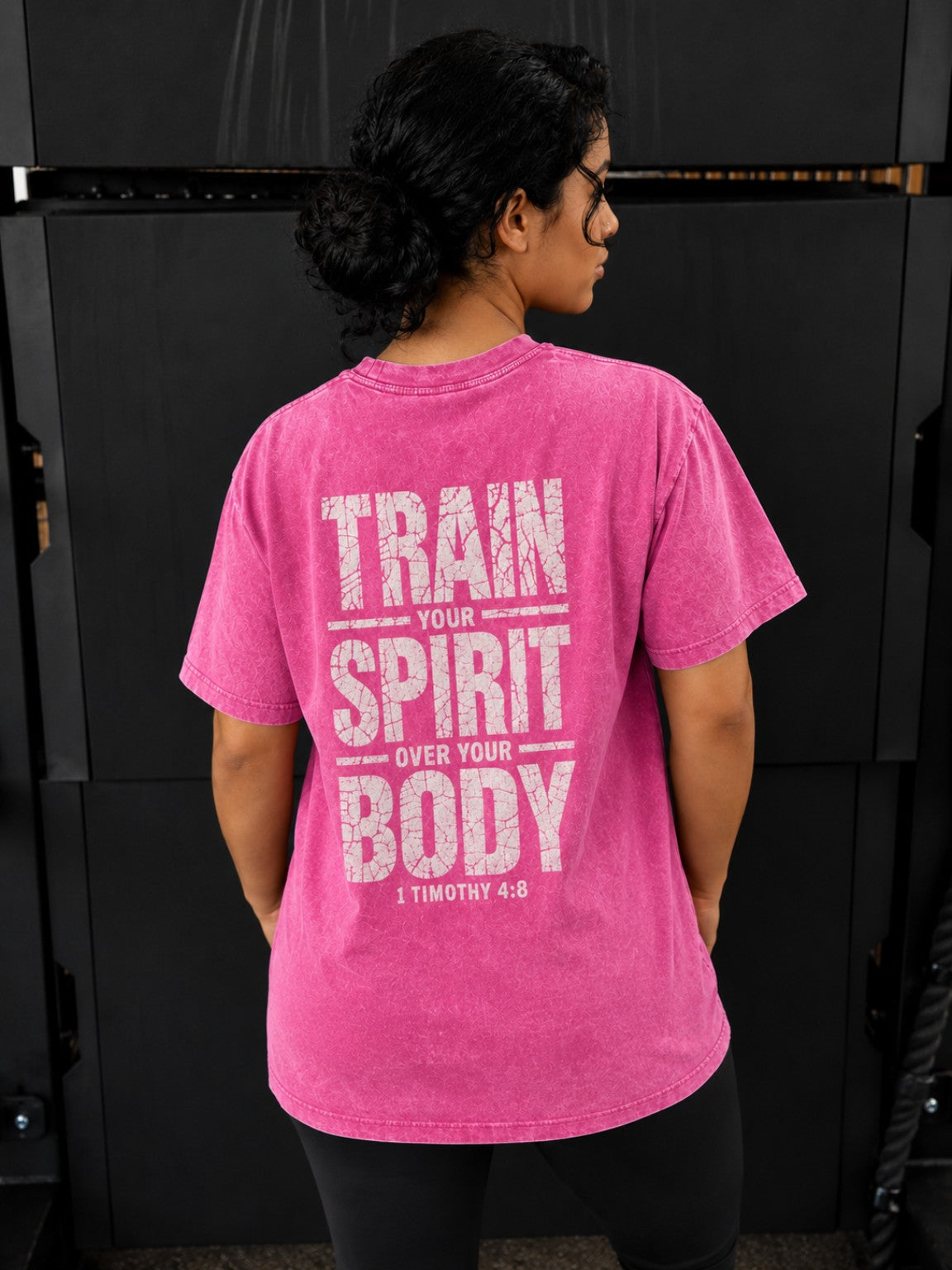 Train Your Spirit oversized T-shirt in Rose Red, back print on model